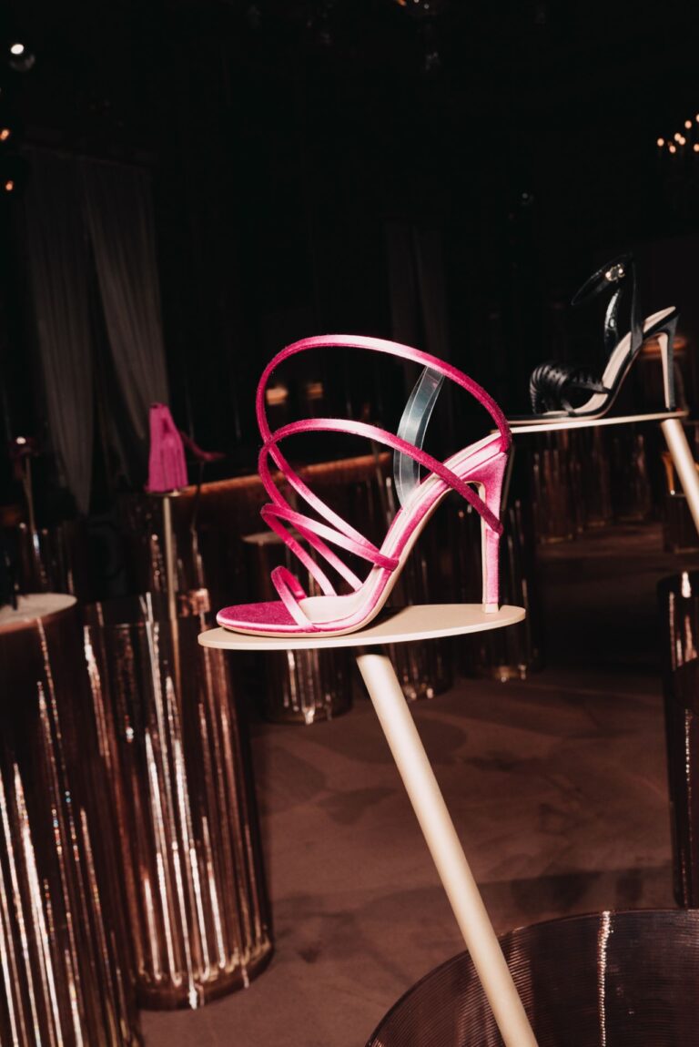 Pink strappy Gianvito Rossi sandal displayed at the 20th-anniversary presentation