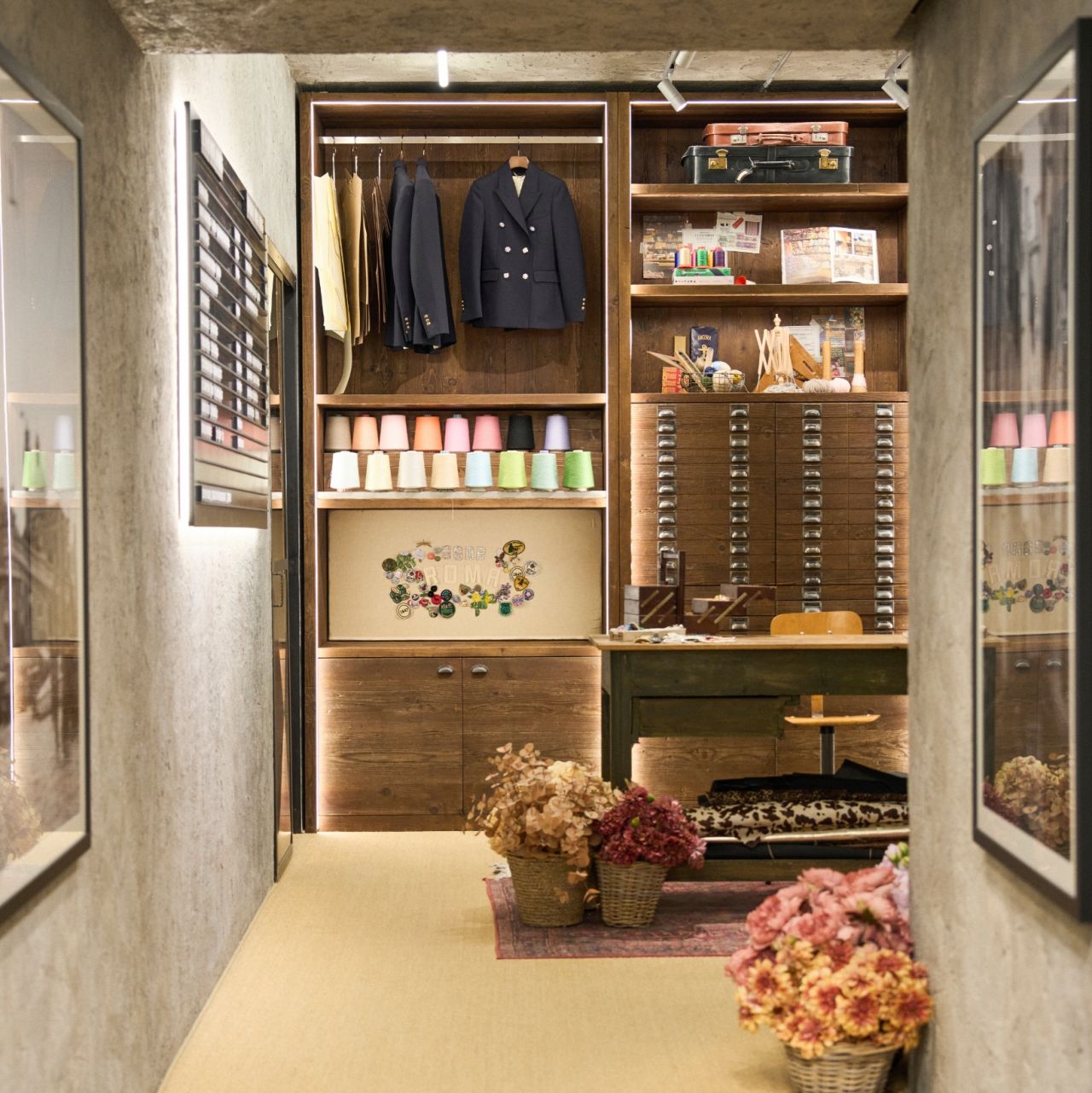 Golden Goose Rome customization workspace with thread and wooden drawers