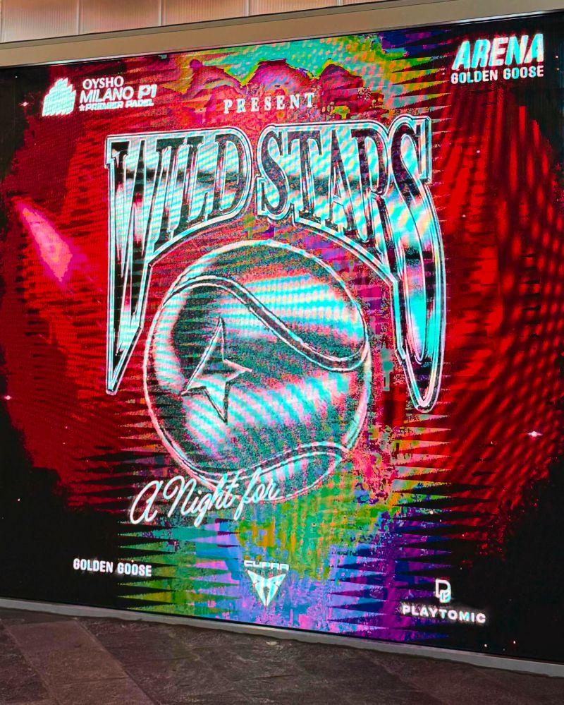Wild Stars event display at the Golden Goose Arena, with Milano Premier Padel and partner logos.