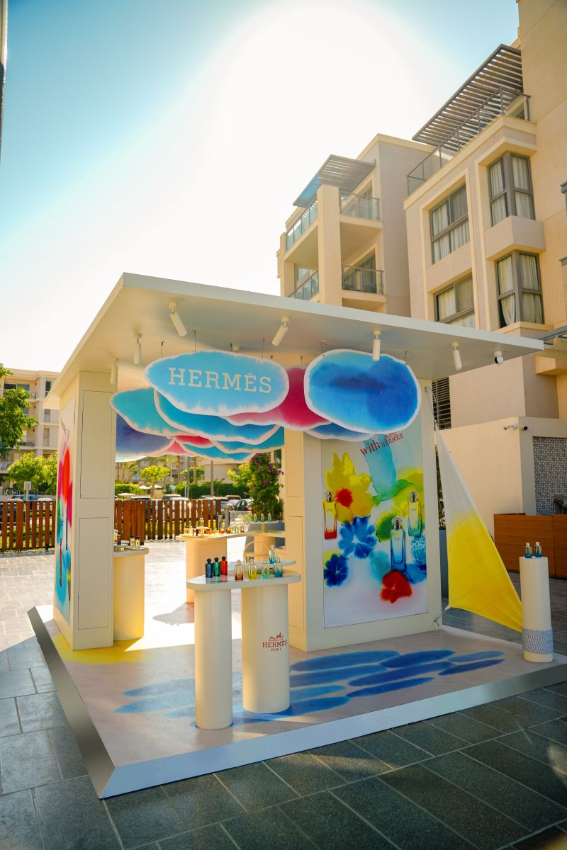 Colorful details of the Hermès fragrance podium at Marassi