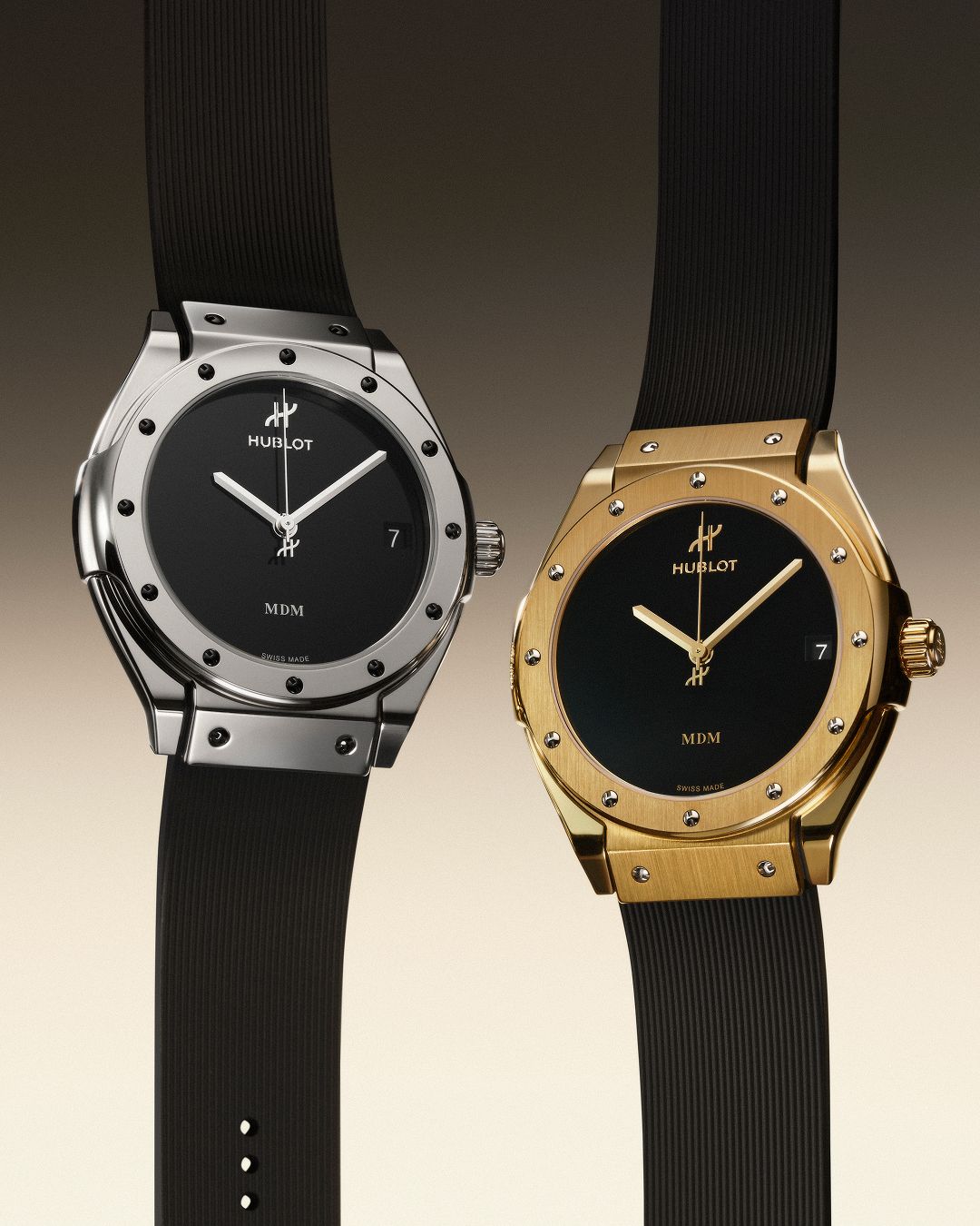 Hublot Classic Fusion Tributo watches in white gold and yellow gold with black straps