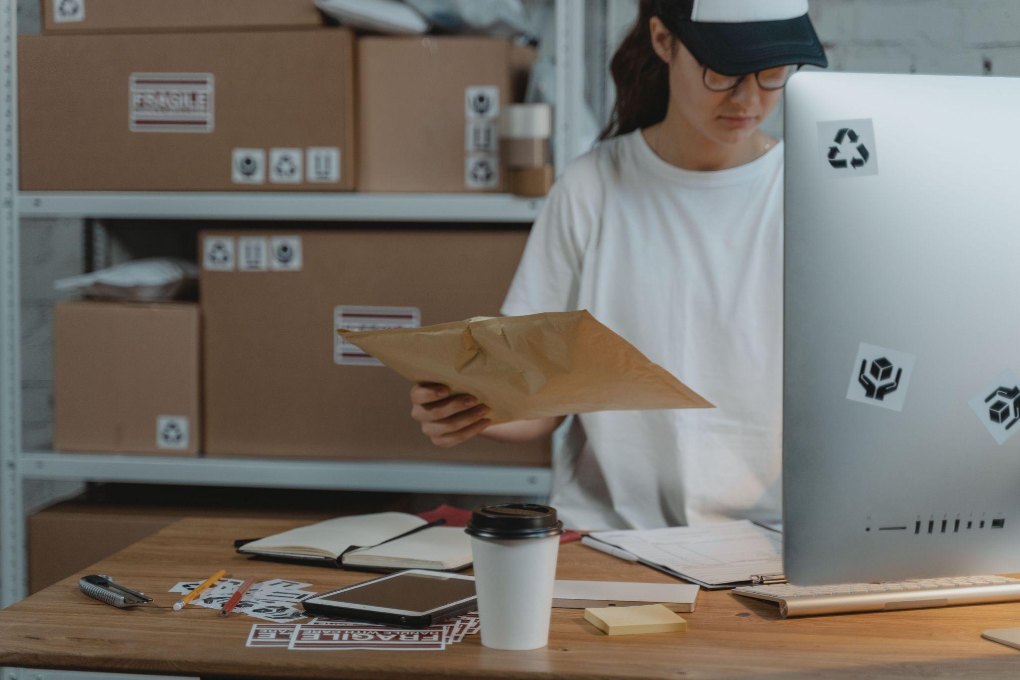 A worker prepares a parcel beside a computer in an order fulfillment workspace.