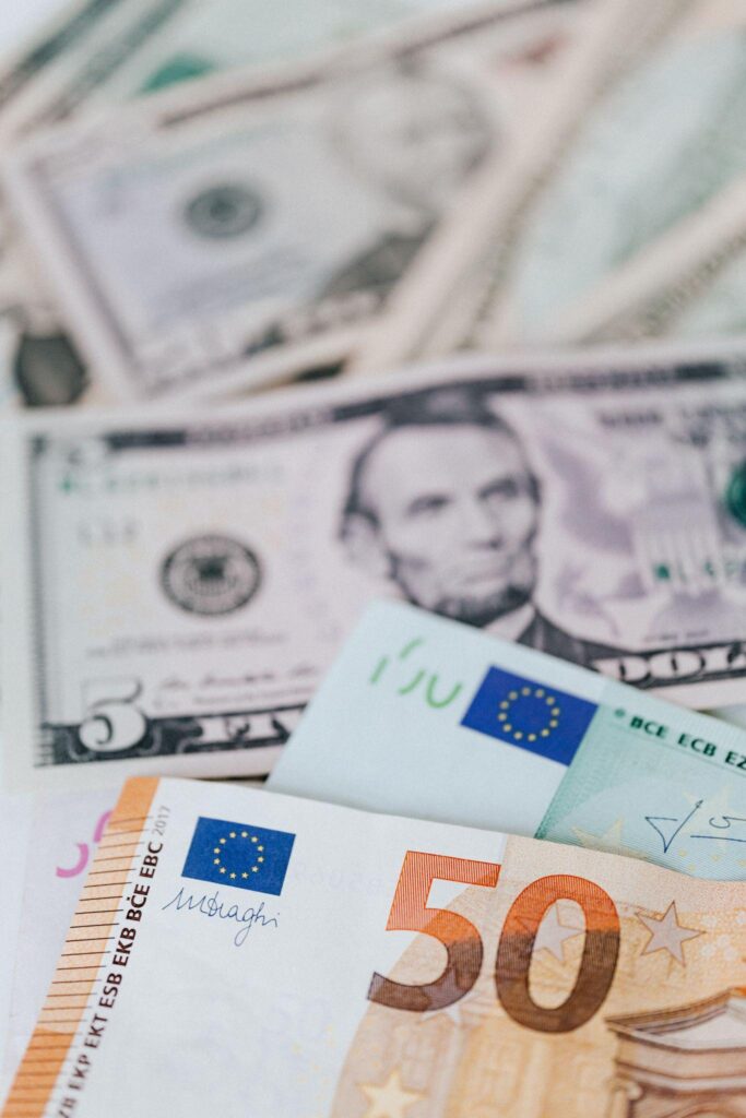 Euro and US dollar banknotes.