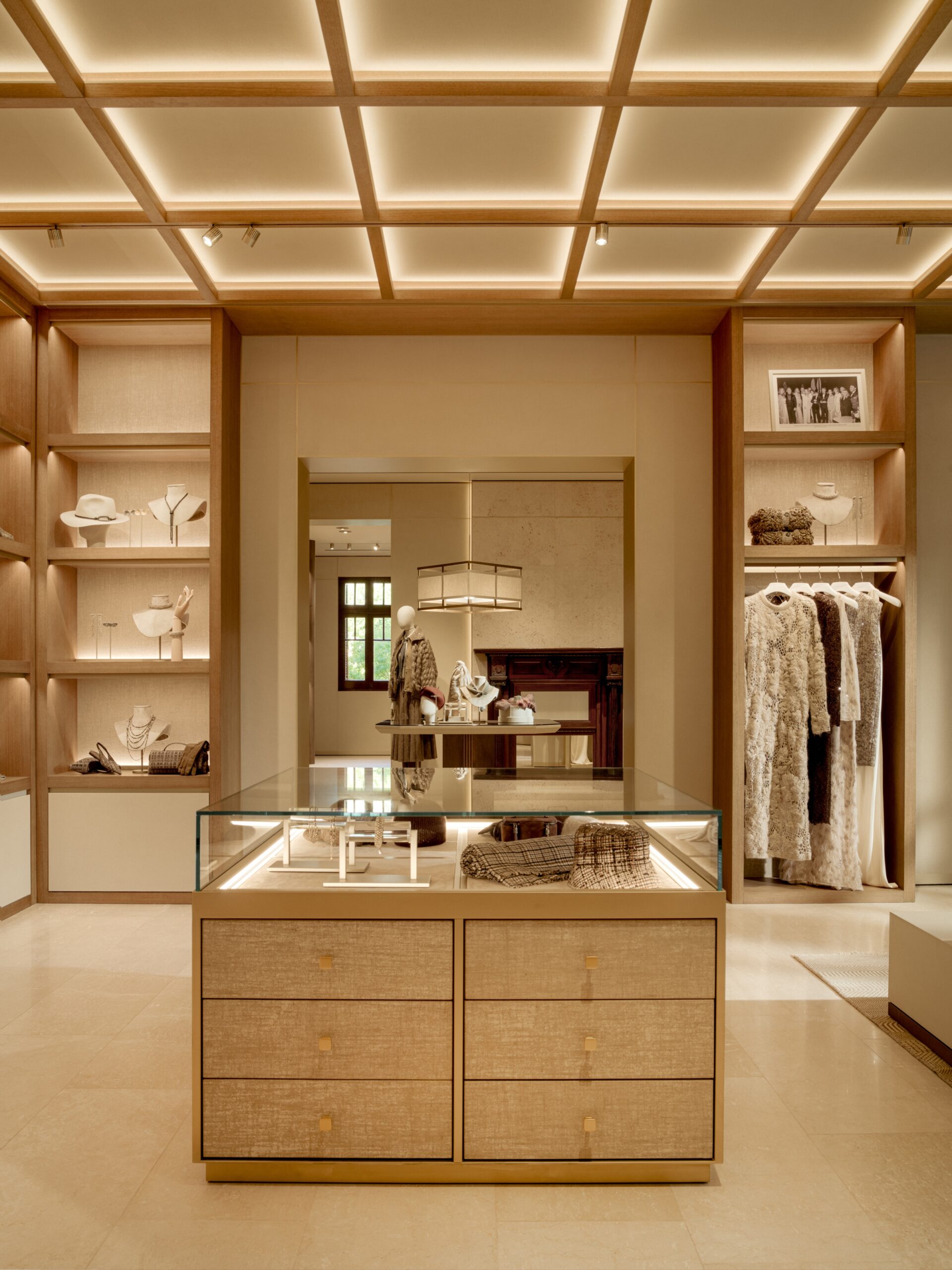 Clothing and accessory displays inside Casa Cucinelli Shanghai.
