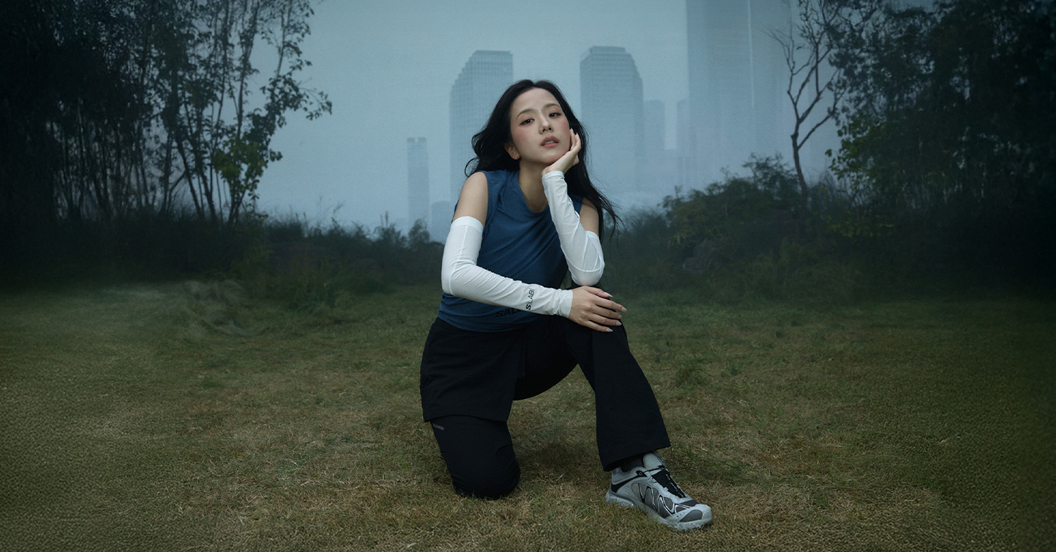 JISOO in Salomon's IN THE OPEN campaign in a misty Seoul landscape