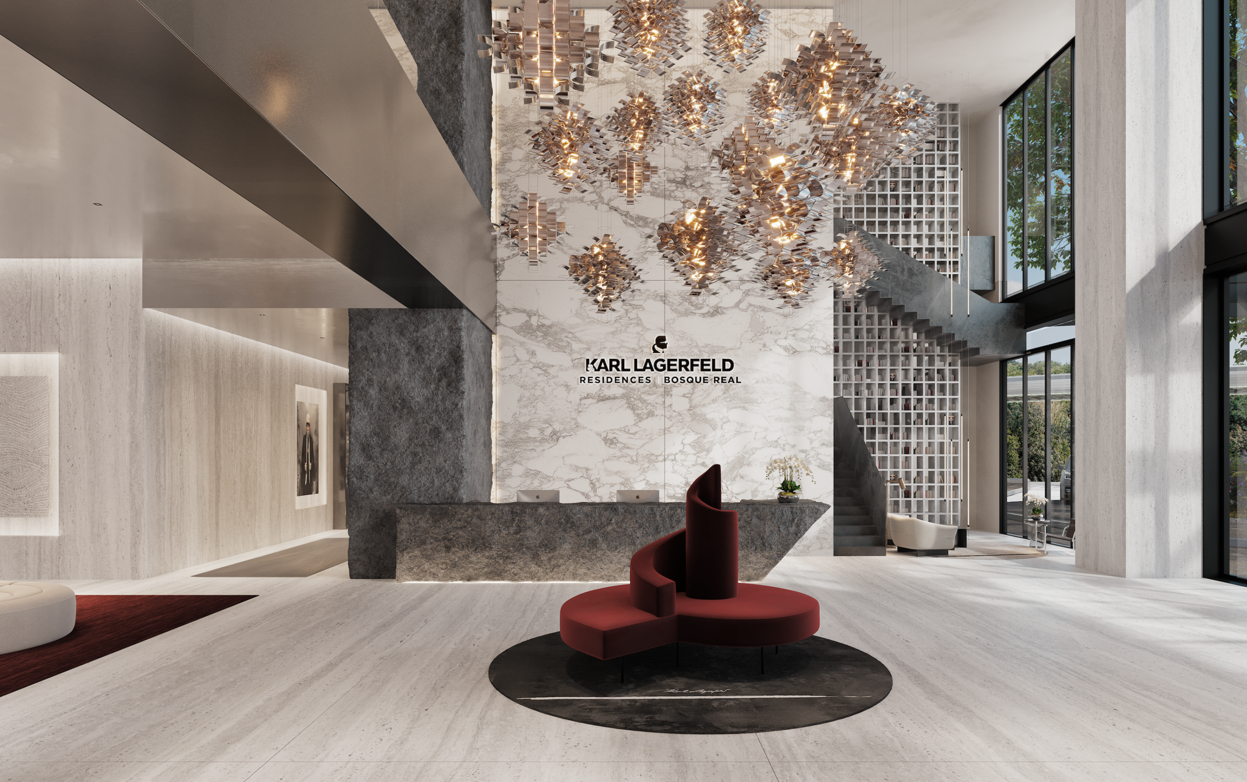 Proposed lobby interior rendering for KARL LAGERFELD Residences Bosque Real