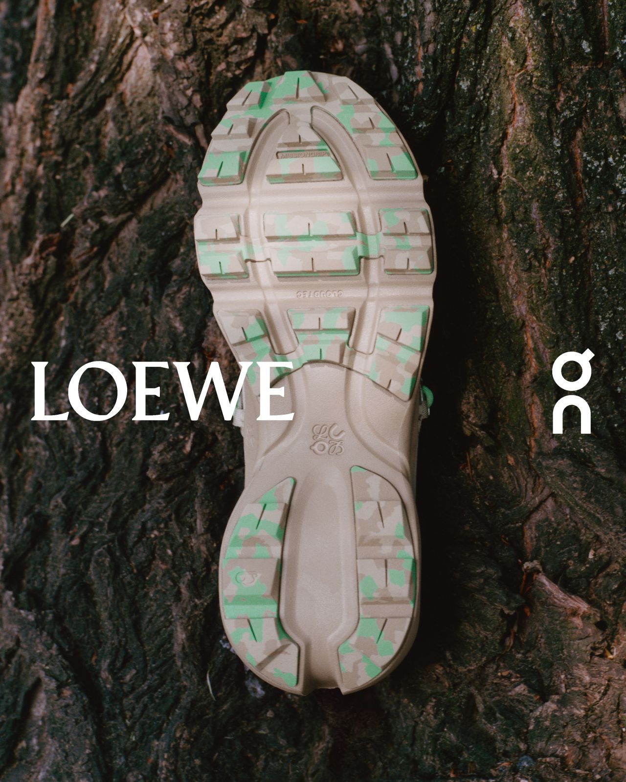 Lugged outsole of a LOEWE and On shoe against a tree