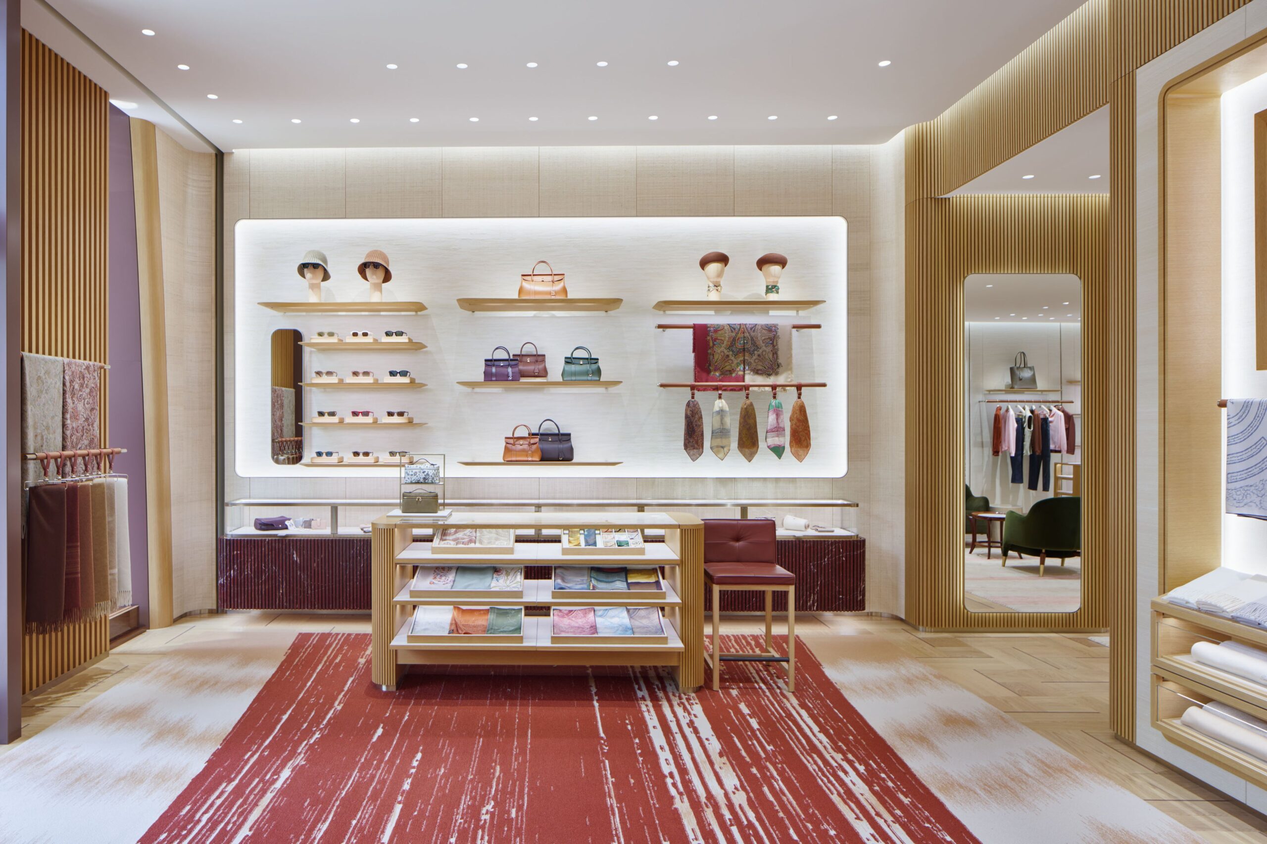 Accessories and leather goods inside Loro Piana’s Omotesando flagship