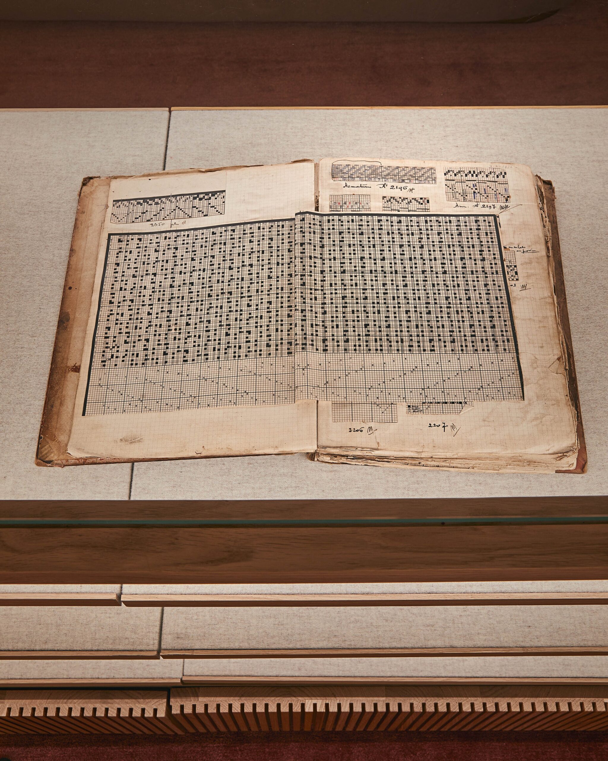 Open archival textile record in a Loro Piana display case