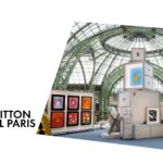 Louis Vuitton Art Basel Paris title graphic dated October 23, 2026, beside an overview of artworks and handbags under the Grand Palais glass roof.