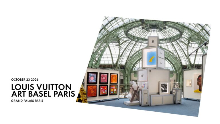 Louis Vuitton Art Basel Paris title graphic dated October 23, 2026, beside an overview of artworks and handbags under the Grand Palais glass roof.