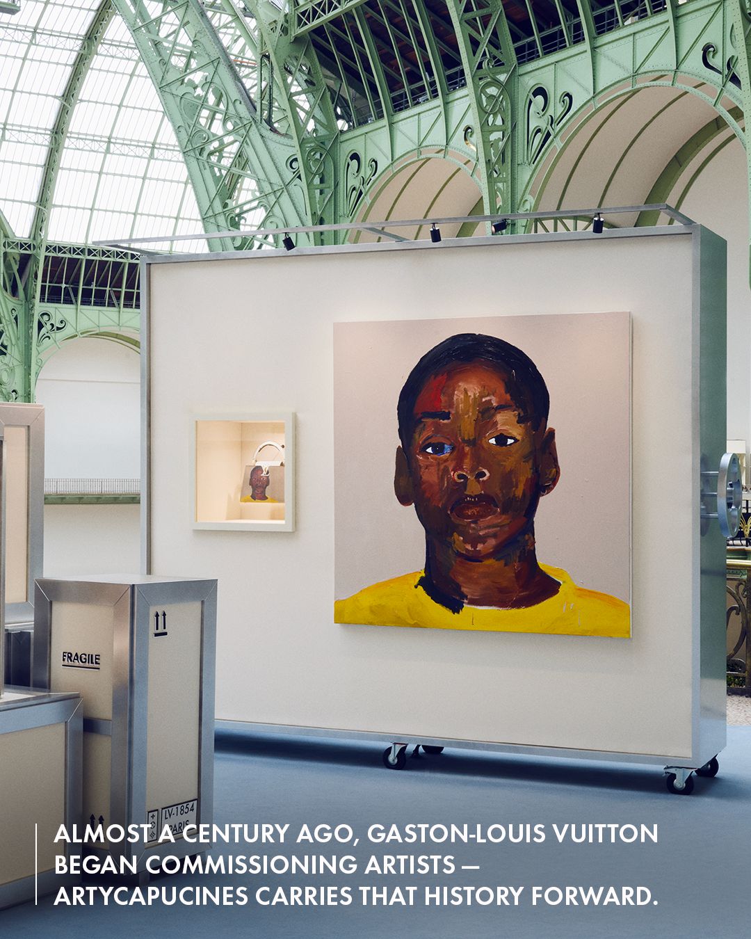 Henry Taylor’s A young master portrait beside a Capucines handbag carrying a portrait at the Grand Palais, with the source’s artistic-history text overlay.