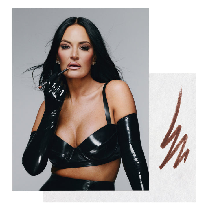 Lisa Barlow wearing black gloves beside lip-colour swatches