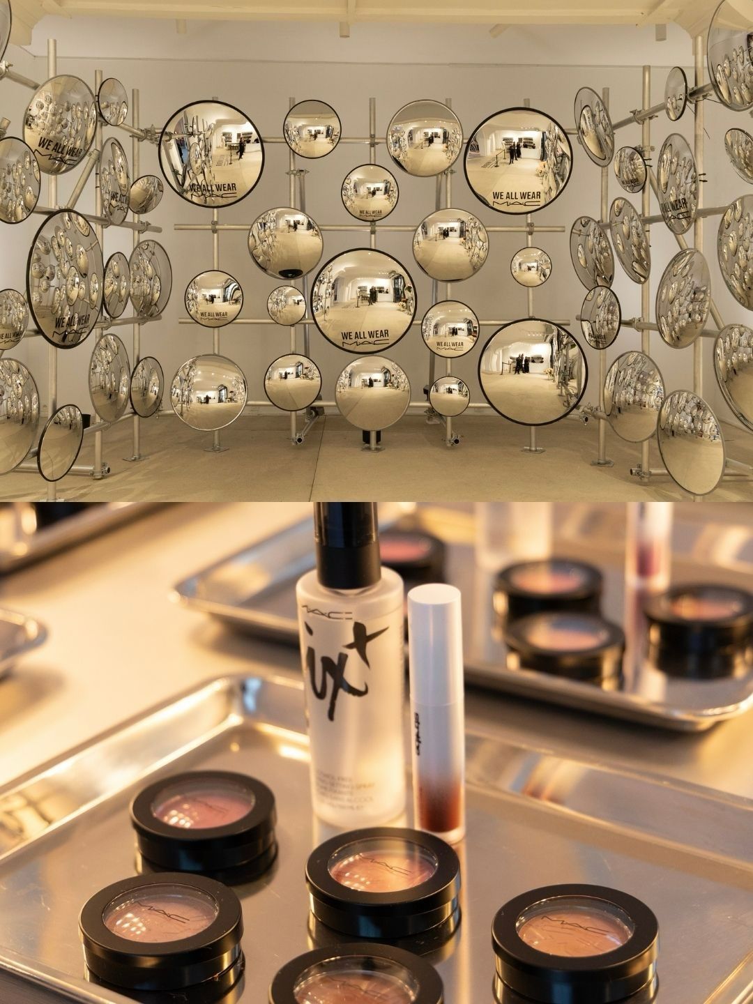 Mirrored makeup and product display in MAC's Paris pop-up