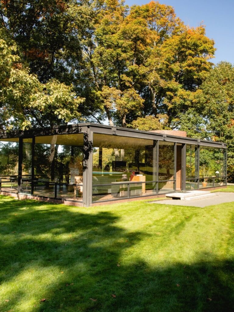 Exterior of The Glass House in New Canaan, Connecticut