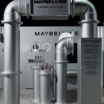Maybelline Tubing Lash Lab with oversized silver pipework and mascara displays at CW Brand Lab