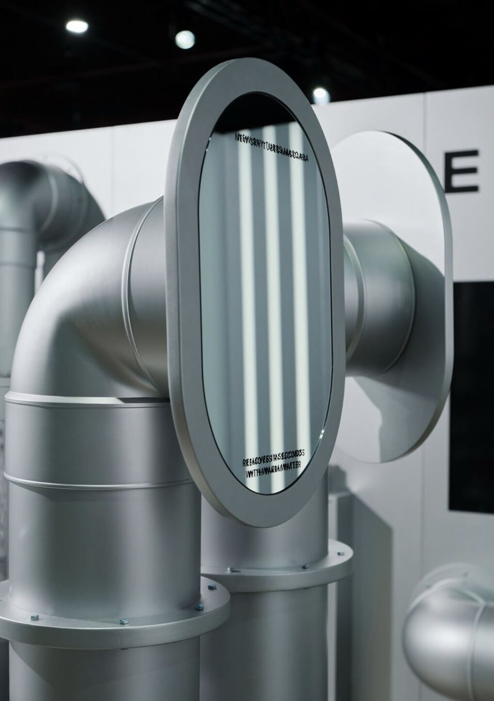 Oval mirror incorporated into silver pipework with Sky Tubes product messaging