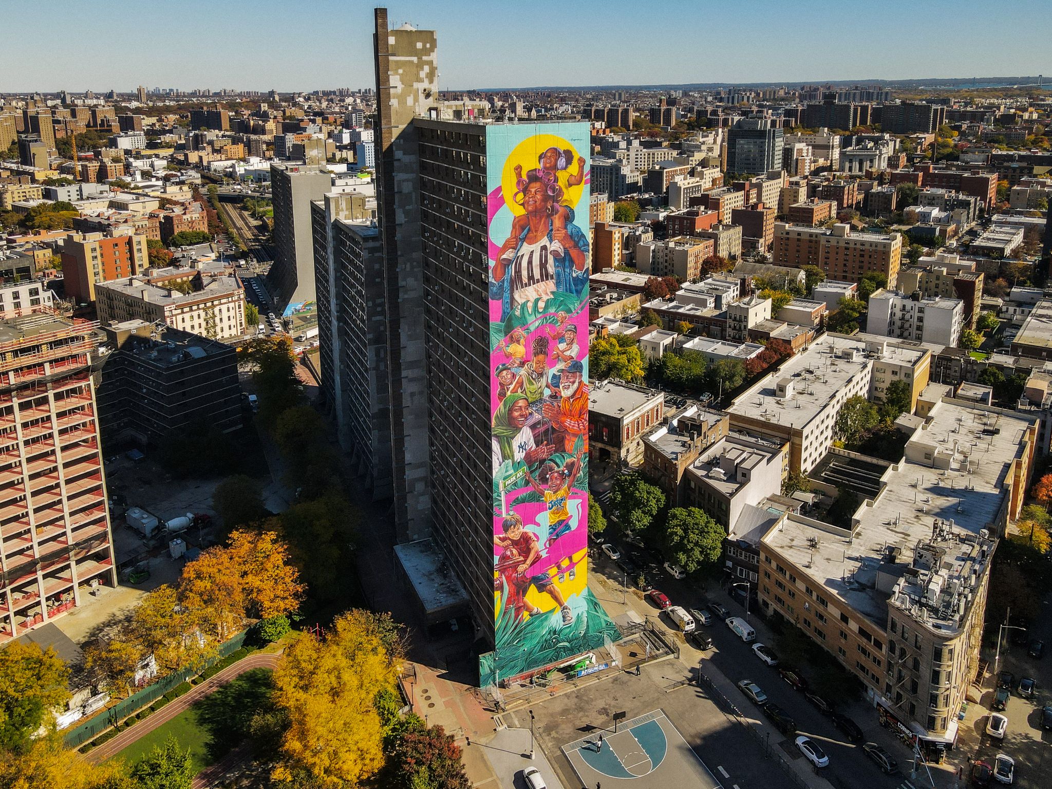 Aerial view of the community mural at Morrisania Air Rights in the Bronx