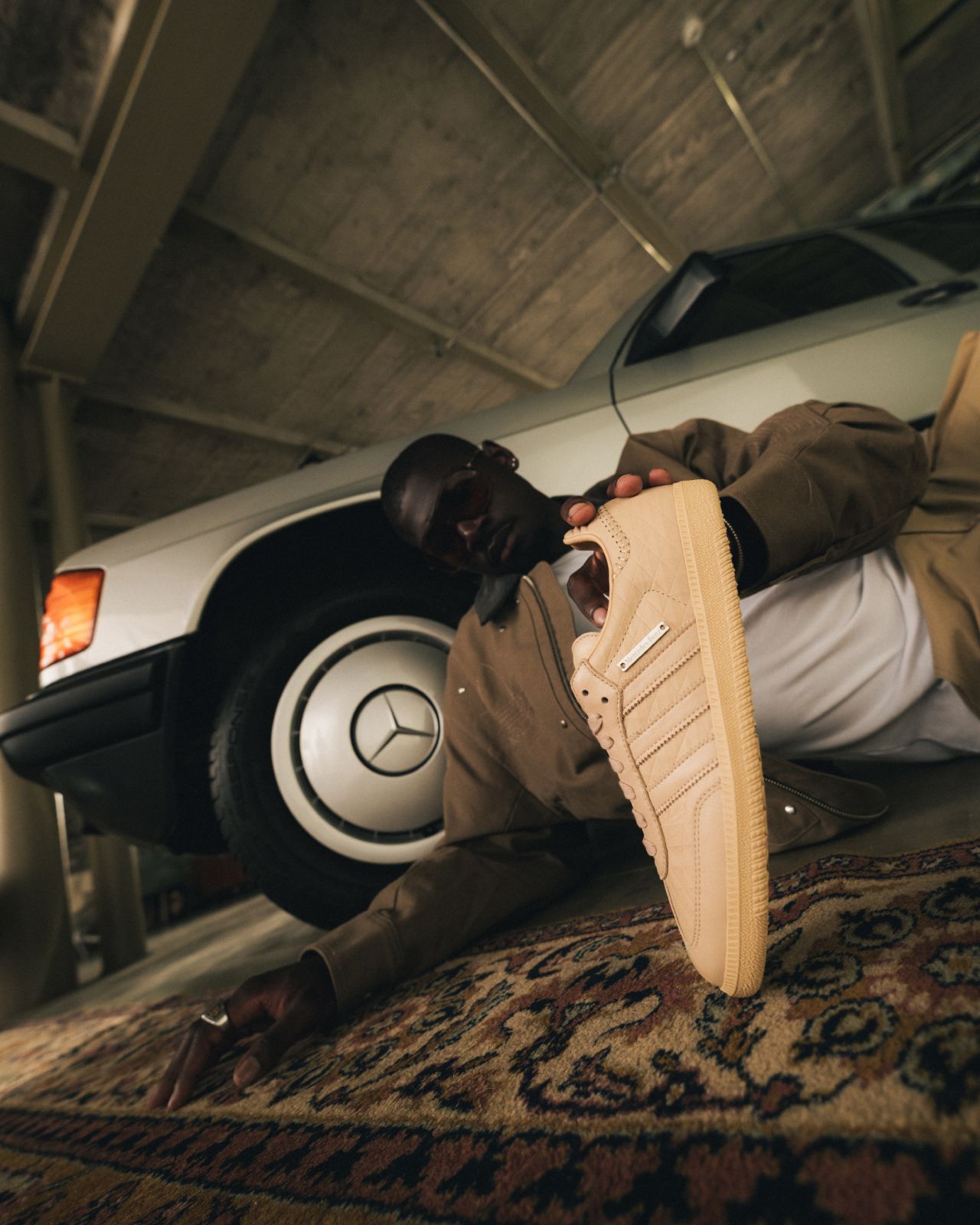 Beige adidas Samba with Mercedes-Benz detailing