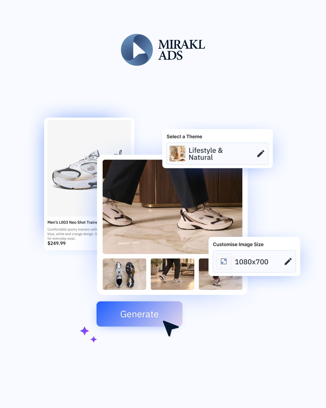Mirakl Ads Creative Studio illustration with theme selection, image sizing and generated product creative.