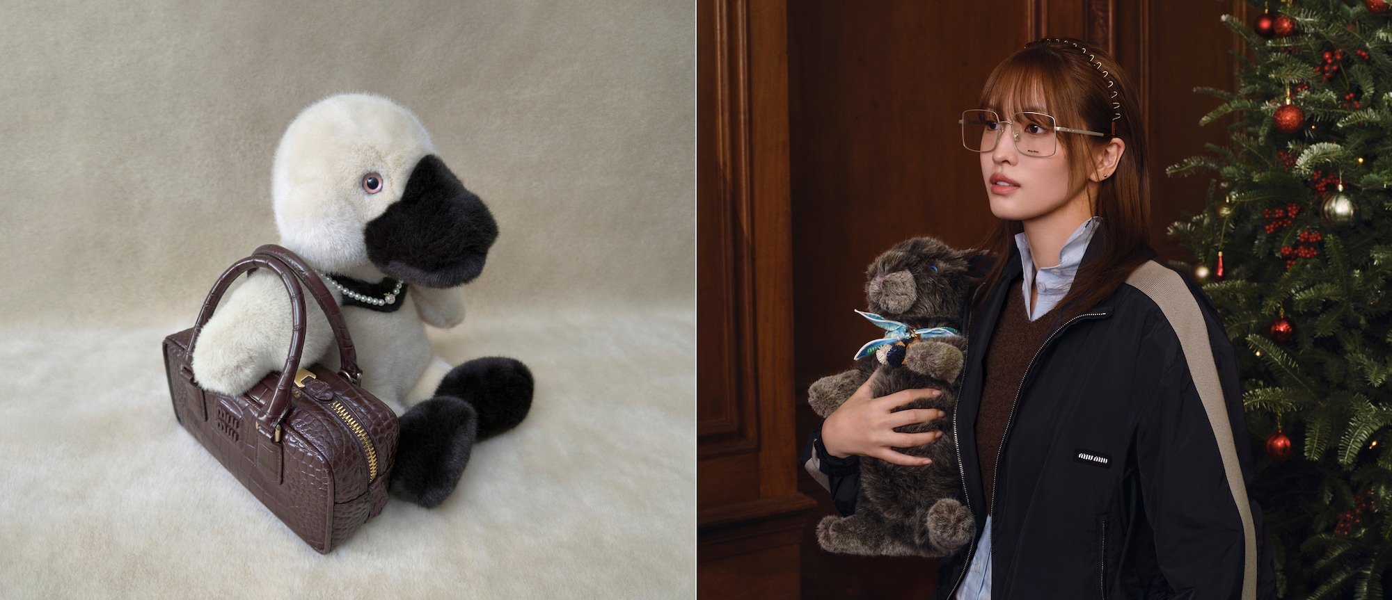 Plush duck with a handbag beside a model holding a plush animal in the Miu Miu Holiday 2026 campaign