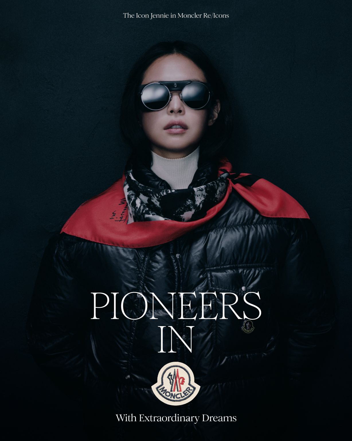 JENNIE in black Moncler outerwear and a red scarf for Re/Icons
