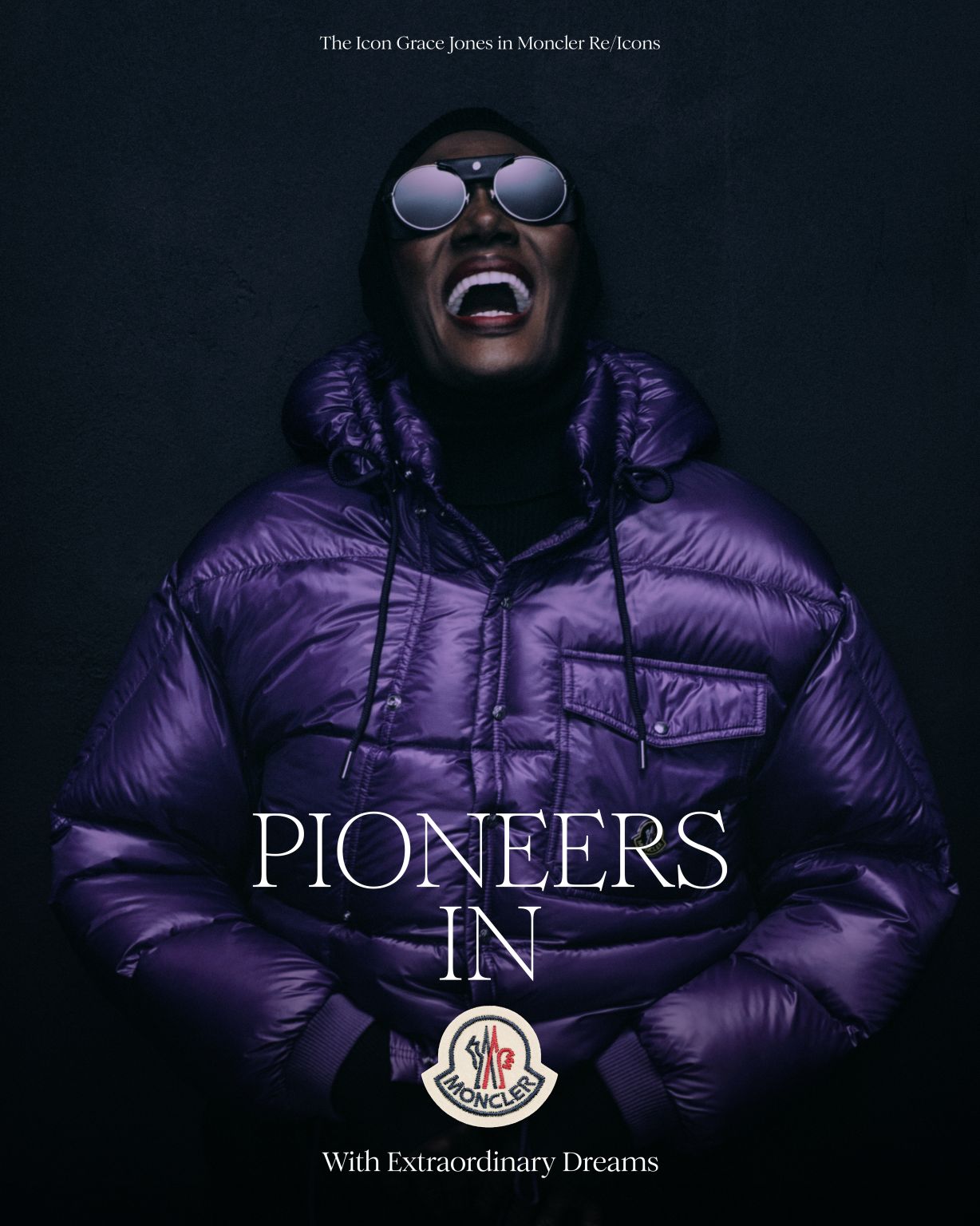 Grace Jones wears a purple Moncler Karakorum jacket for Re/Icons