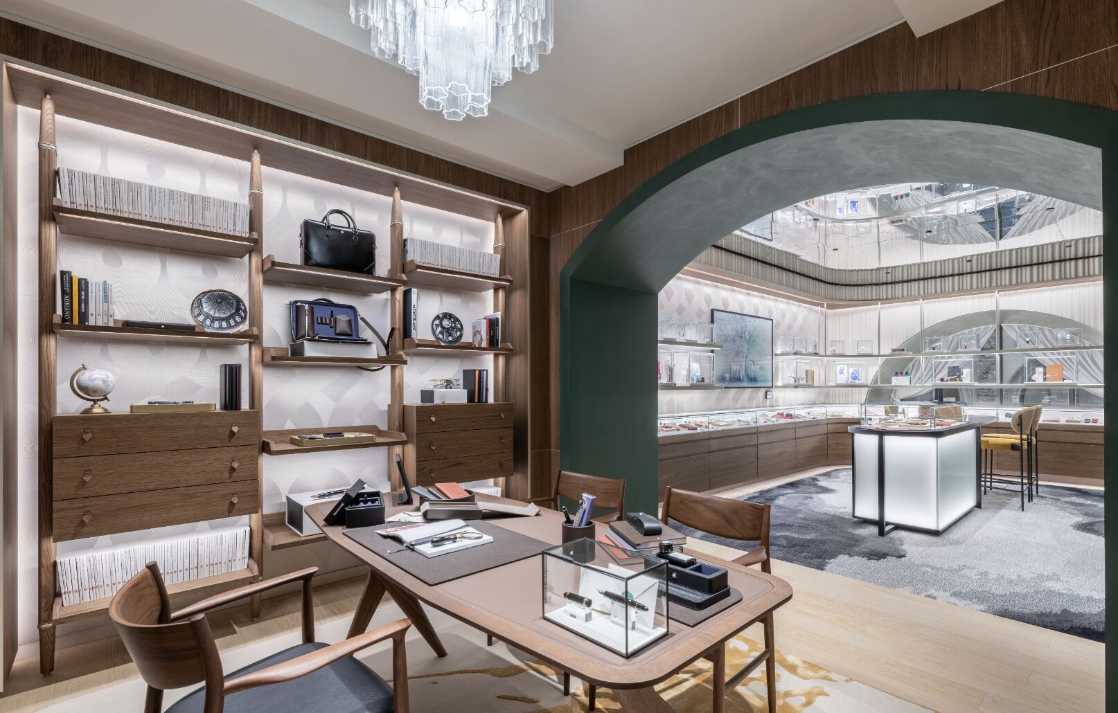 Green archway between Montblanc boutique display rooms