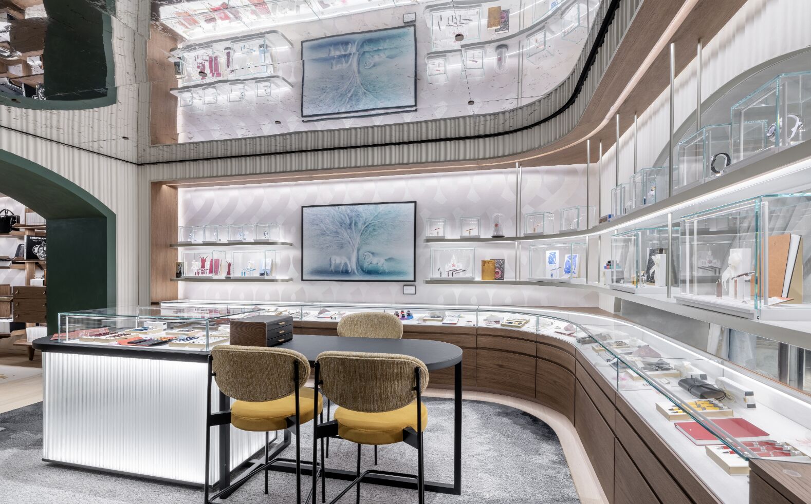 Illuminated display walls inside the Milan boutique