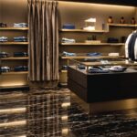 Illuminated shelves and central display in MooRER’s Ginza boutique