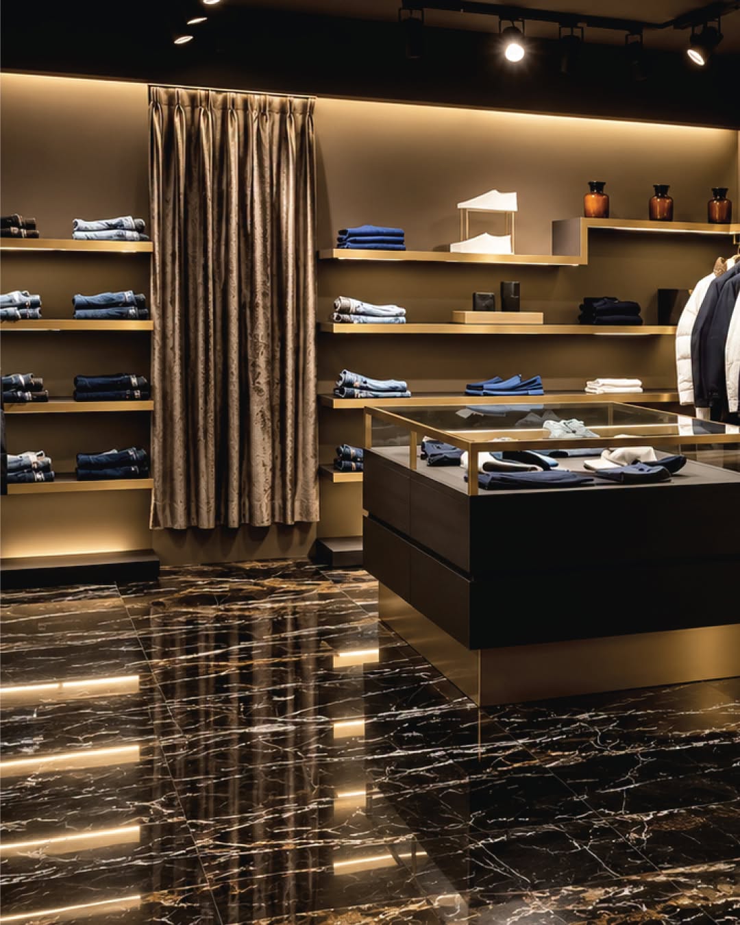 Illuminated shelves and central display in MooRER’s Ginza boutique