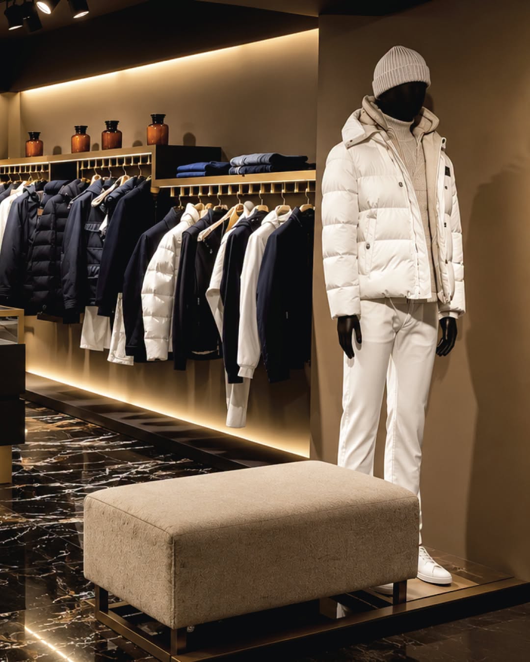 Light padded jacket on a mannequin beside outerwear rails at MooRER Ginza