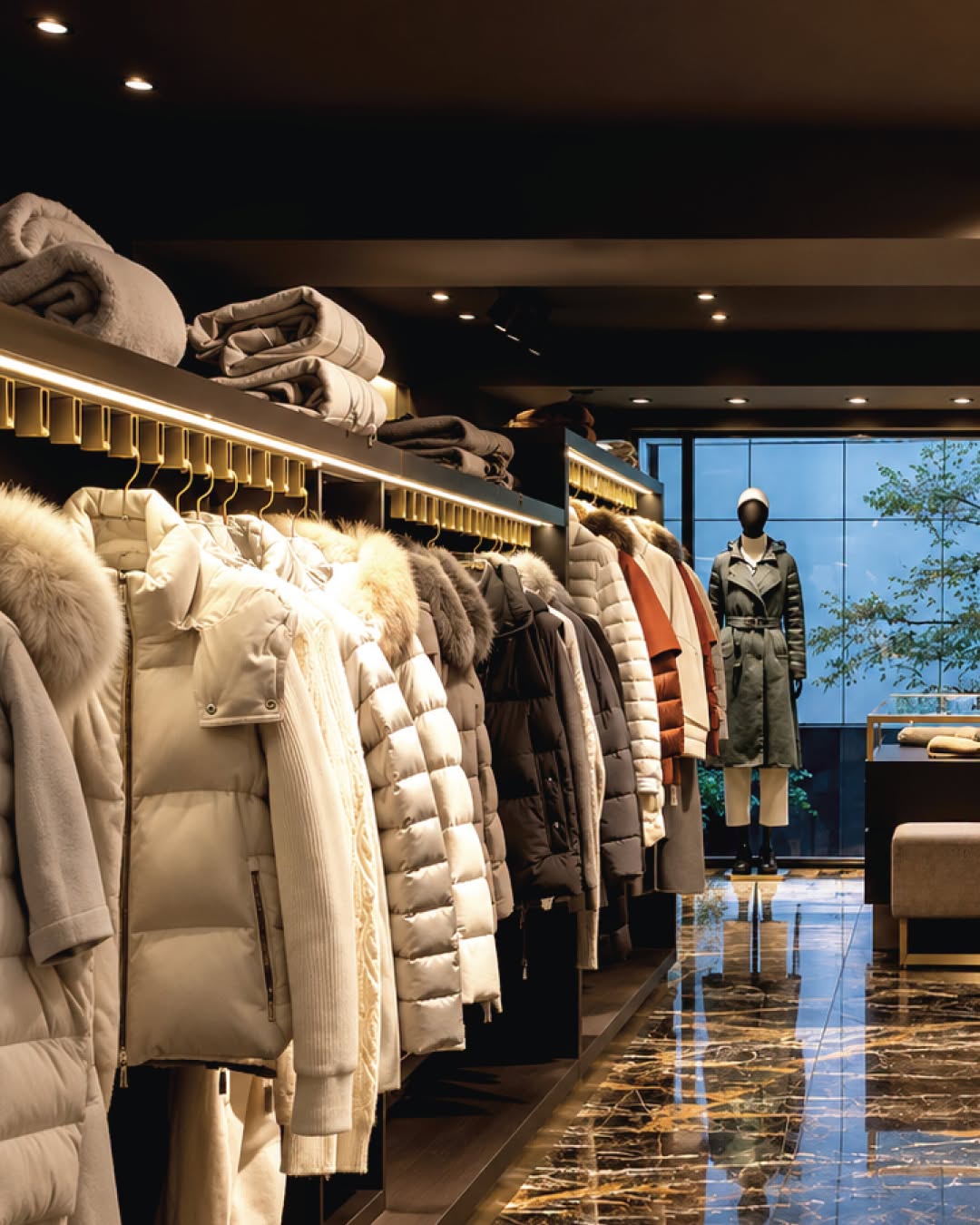 Coats and padded jackets arranged inside MooRER’s Ginza store