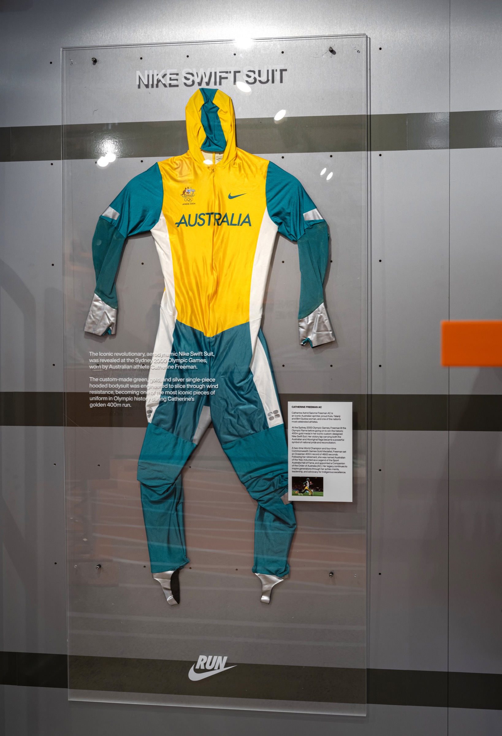 Cathy Freeman’s Sydney 2000 Nike Swift Suit displayed inside Nike Melbourne Central.