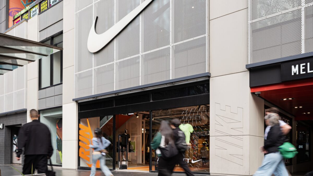 Nike Melbourne Central storefront with a large Nike Swoosh above the entrance.