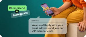 Omnisend illustration of a direct message asking a shopper to reply with an email address.