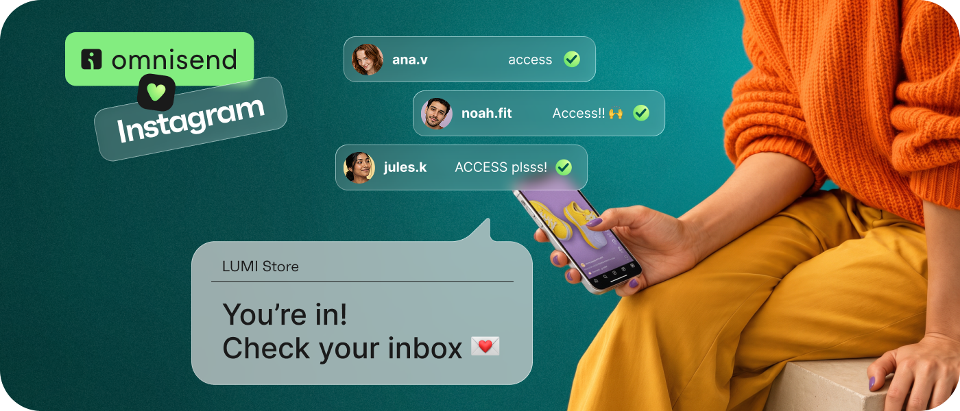 Omnisend illustration of Instagram keyword comments and an email signup confirmation.