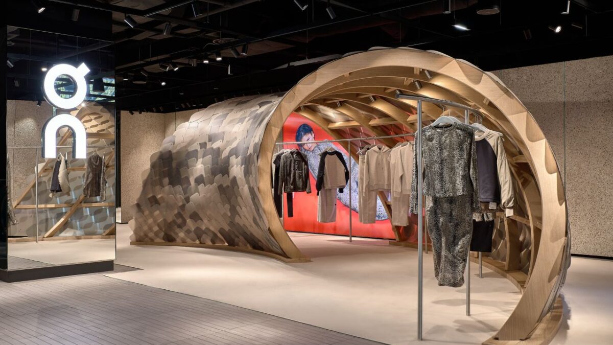 Sculptural display for the On and Zendaya collection inside an On flagship pop-up, with apparel and footwear