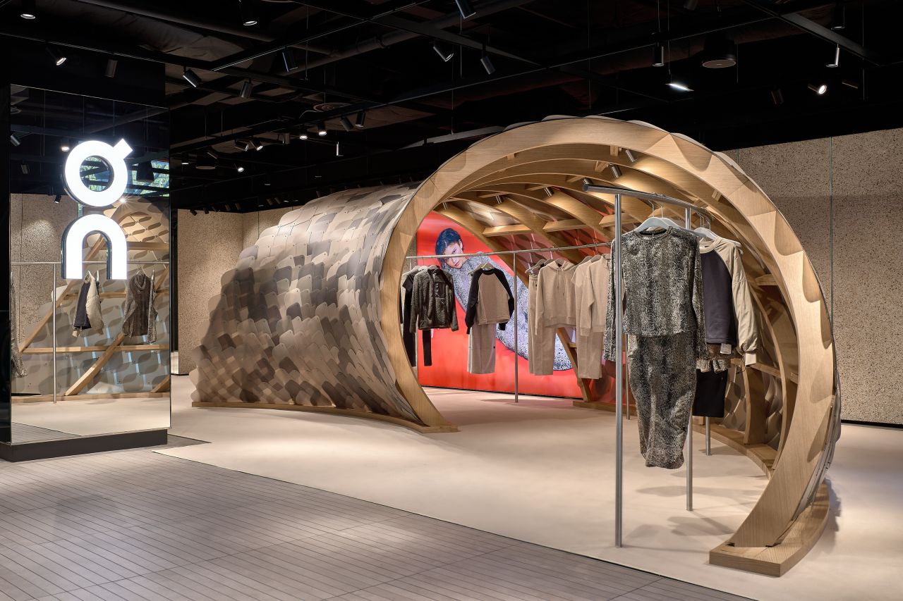 Sculptural display for the On and Zendaya collection inside an On flagship pop-up, with apparel and footwear