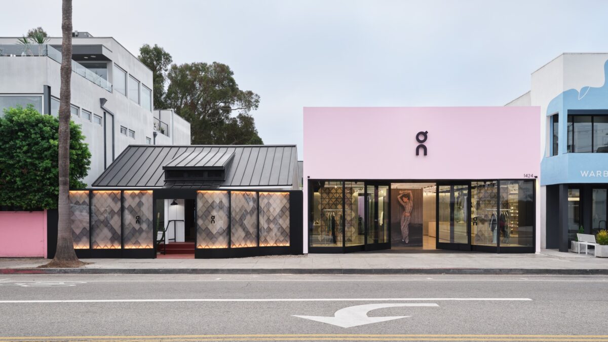 On Abbot Kinney exterior with pink frontage and python-print windows
