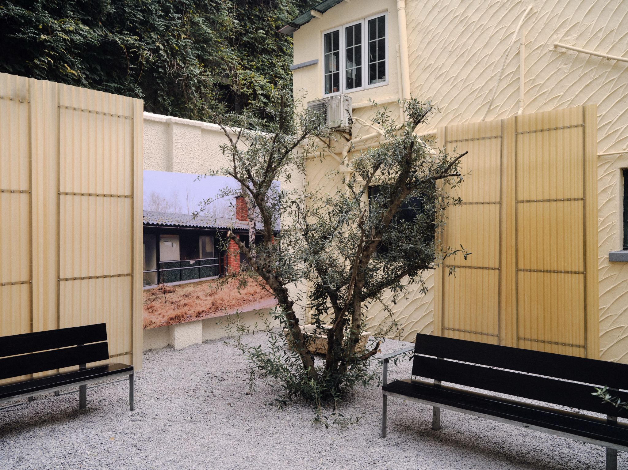 Tree-lined courtyard and benches at Our Legacy’s Yongjia Road store
