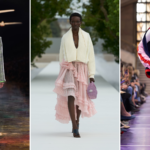 Chanel checked skirt suit, Dior pink statement skirt and Miu Miu embellished sportswear, shown side by side.