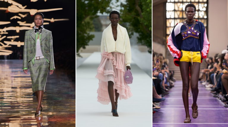 Chanel checked skirt suit, Dior pink statement skirt and Miu Miu embellished sportswear, shown side by side.