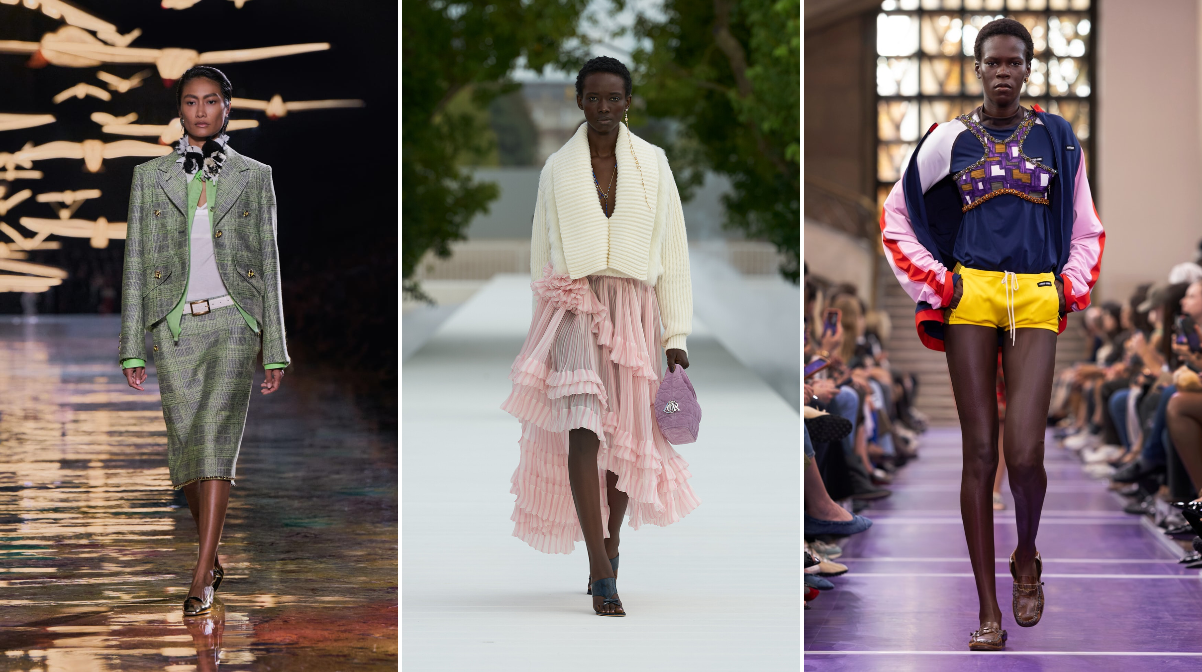 Chanel checked skirt suit, Dior pink statement skirt and Miu Miu embellished sportswear, shown side by side.