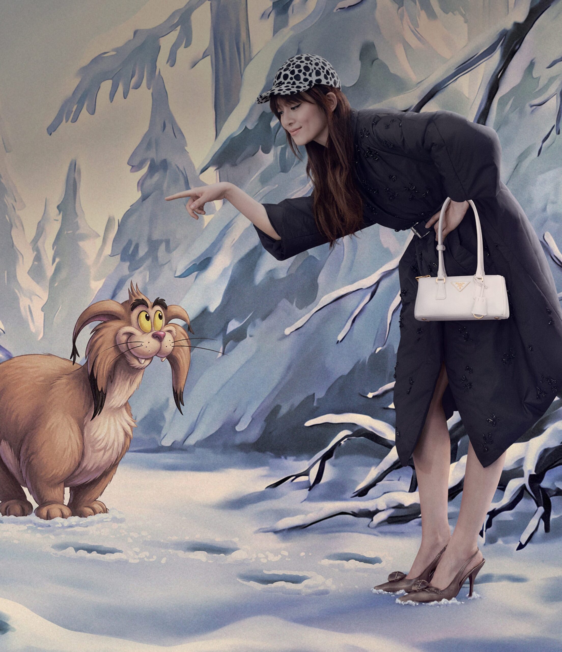 Model with a white handbag in the illustrated winter setting of Prada Holiday 2026