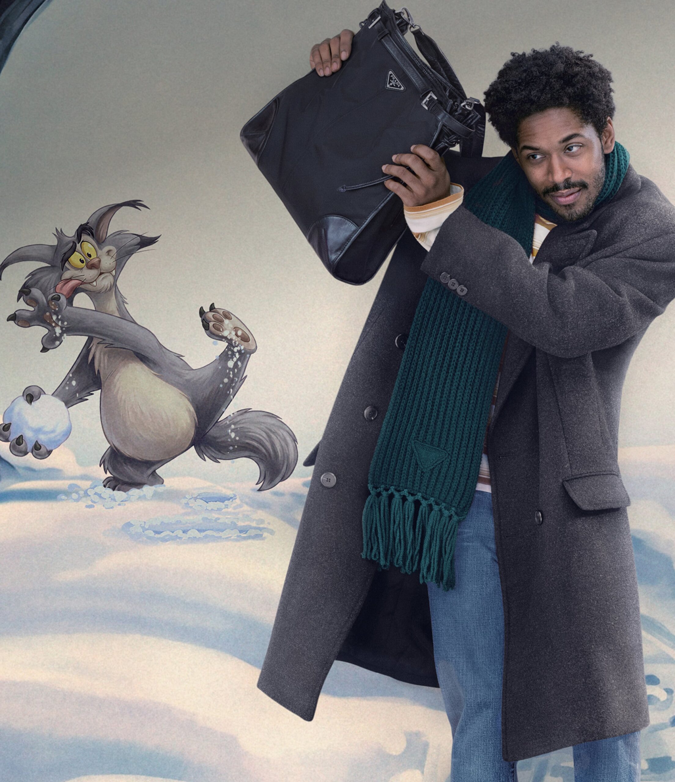 Model holding a black bag in the illustrated setting of Prada Holiday 2026