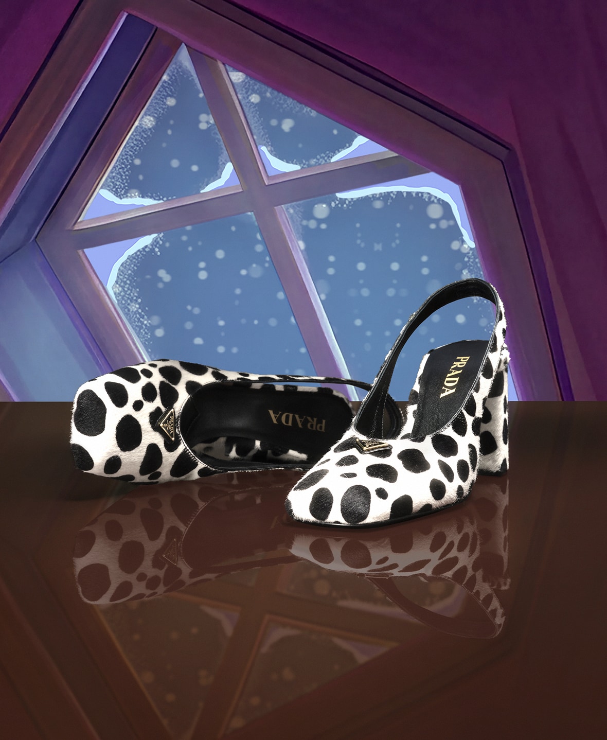 Spotted slingback shoes in the illustrated Prada Holiday 2026 setting