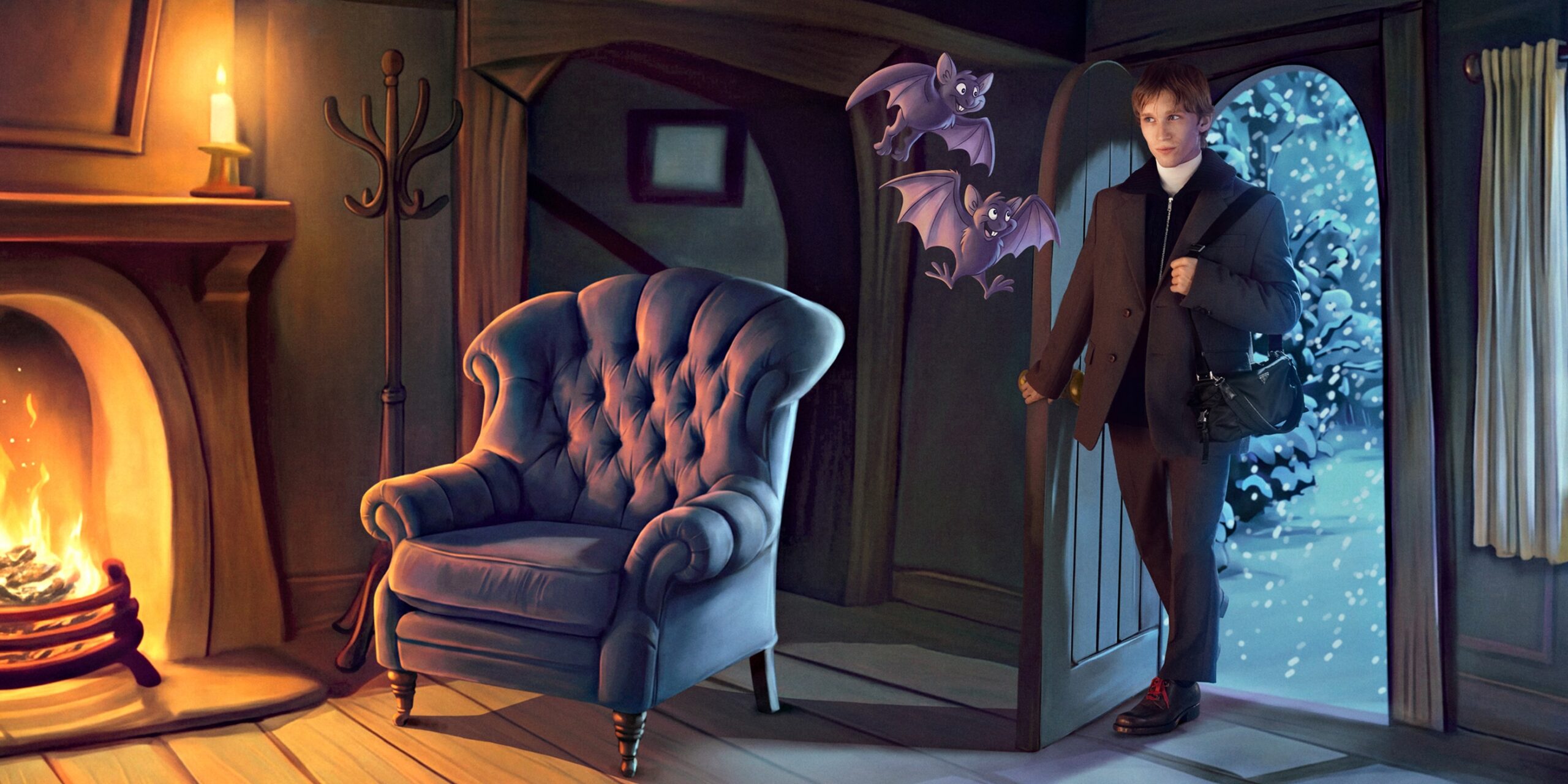 Model entering an illustrated room with a black shoulder bag in the Prada Holiday 2026 campaign