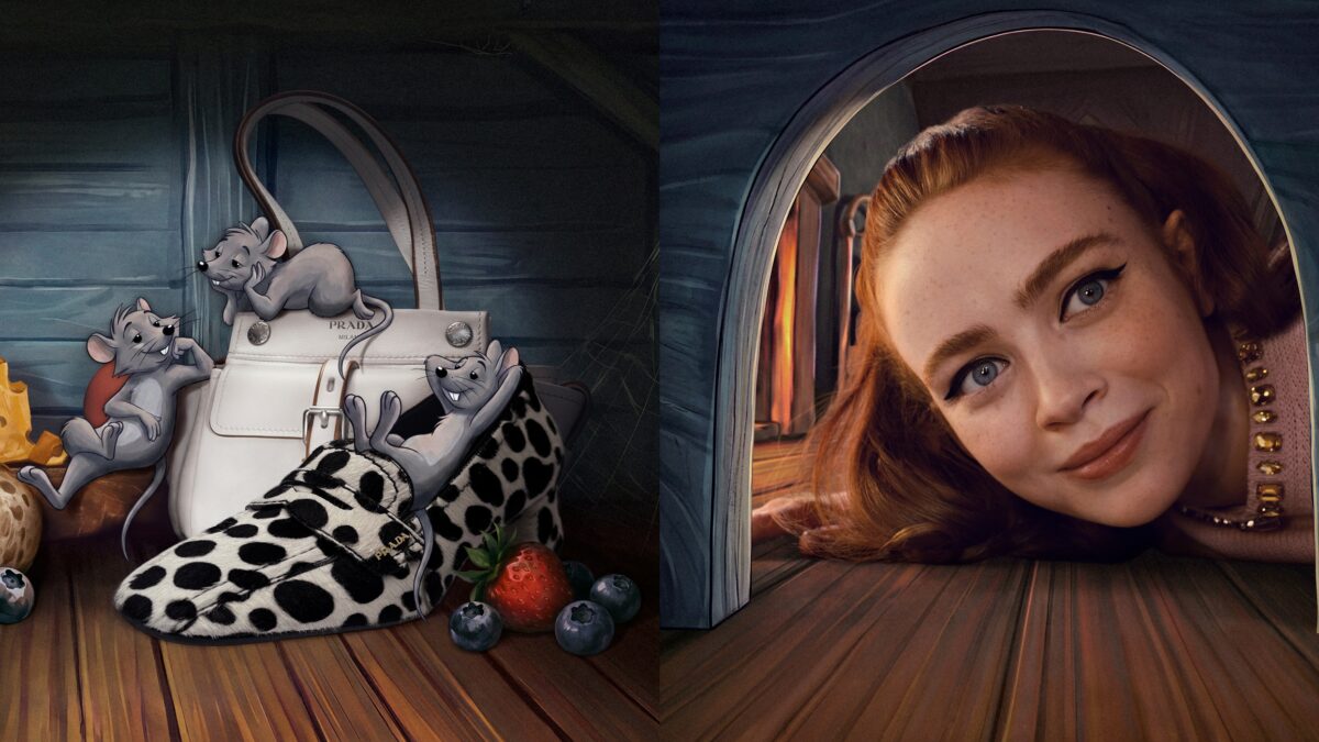 Model framed by an illustrated doorway beside Prada handbags and animated mice in the Holiday 2026 campaign