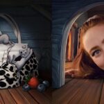Model framed by an illustrated doorway beside Prada handbags and animated mice in the Holiday 2026 campaign